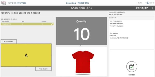 Outdated Fortna WES decant interface showing scan item UPC, quantity, and a red shirt product image