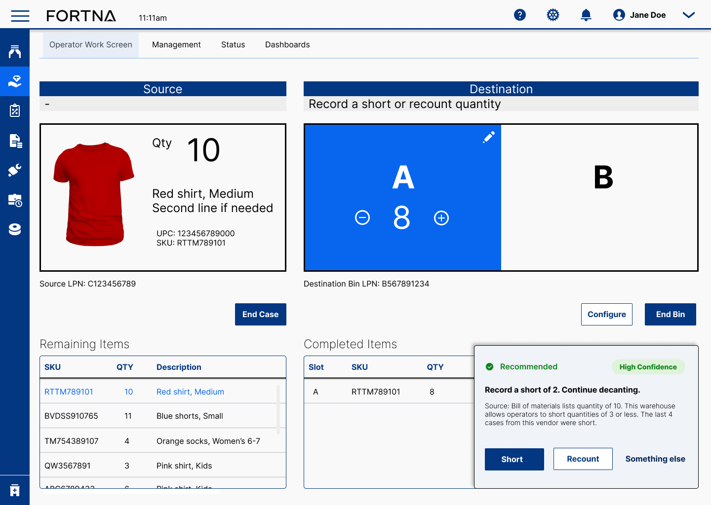 Fortna decant operator screen with a Level 2 recommendation to record a short of two units