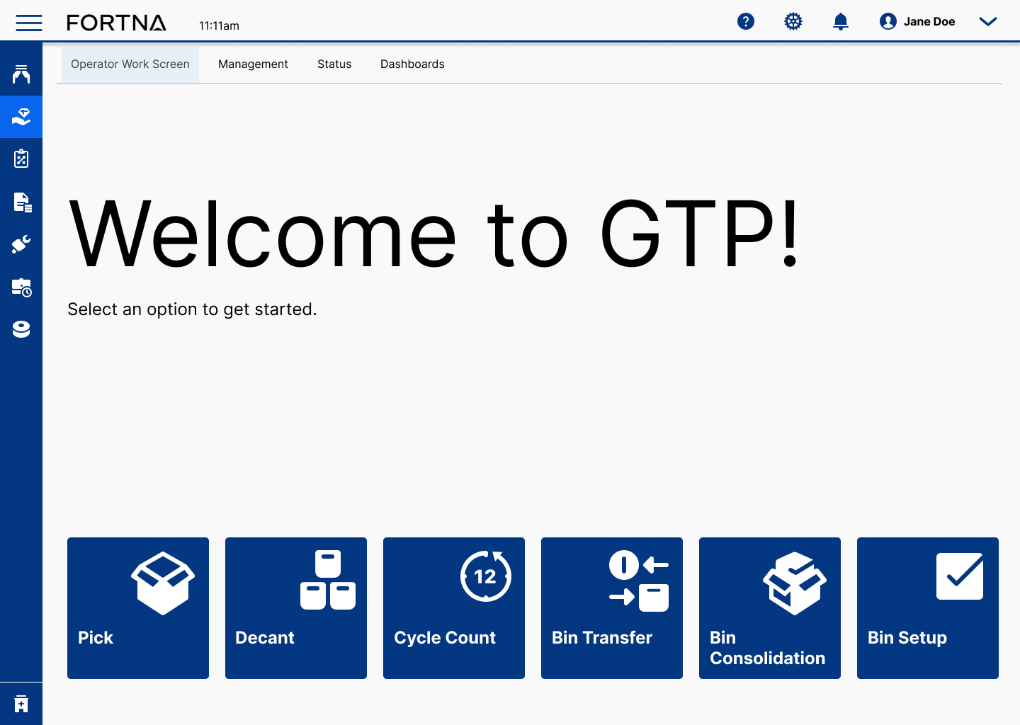New GTP menu landing page with custom blue icon tiles for Pick, Decant, Cycle Count, Bin Transfer, Bin Consolidation, and Bin Setup